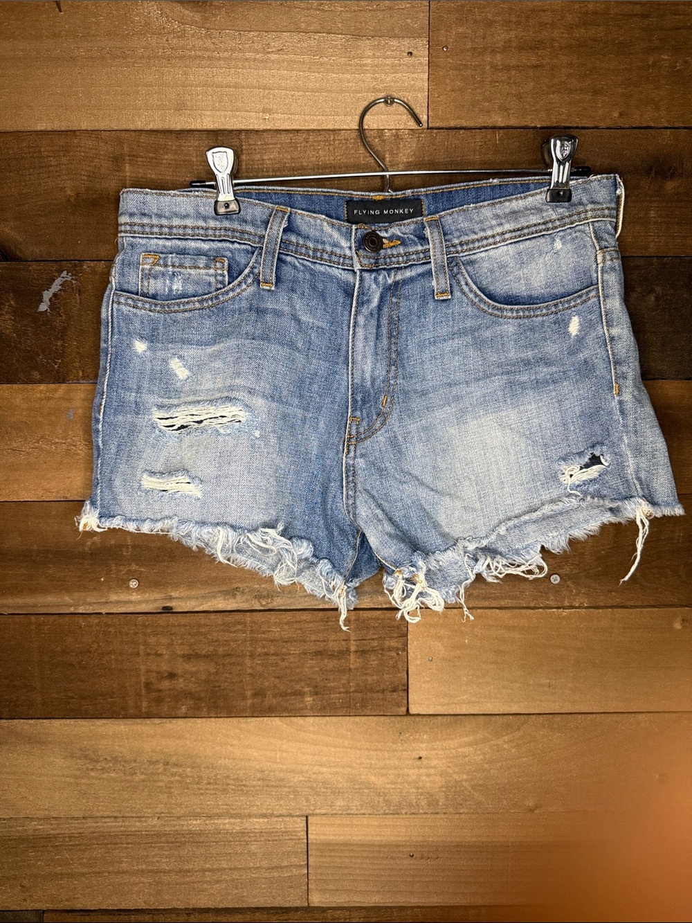 Flying Monkey Faded Light Blue Distressed Denim Cutoff Shorts
